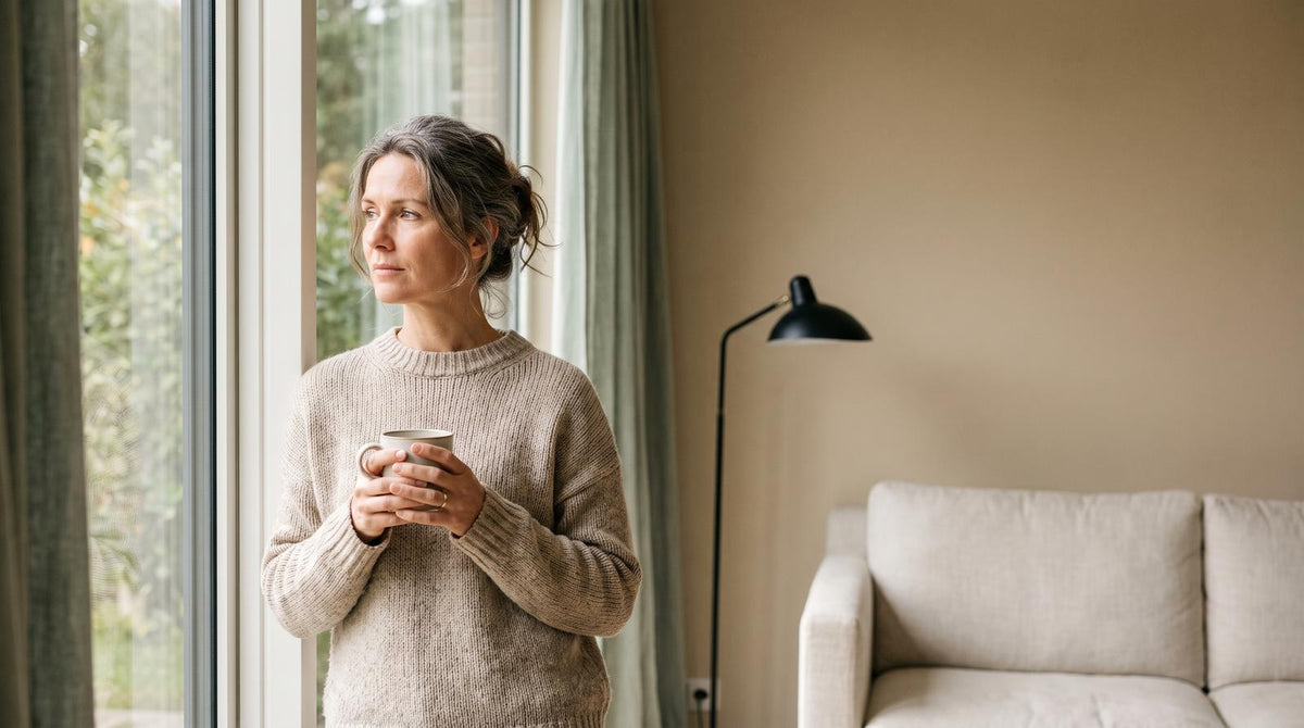 Középkorú nő teával az ablaknál a perimenopauza időszakában